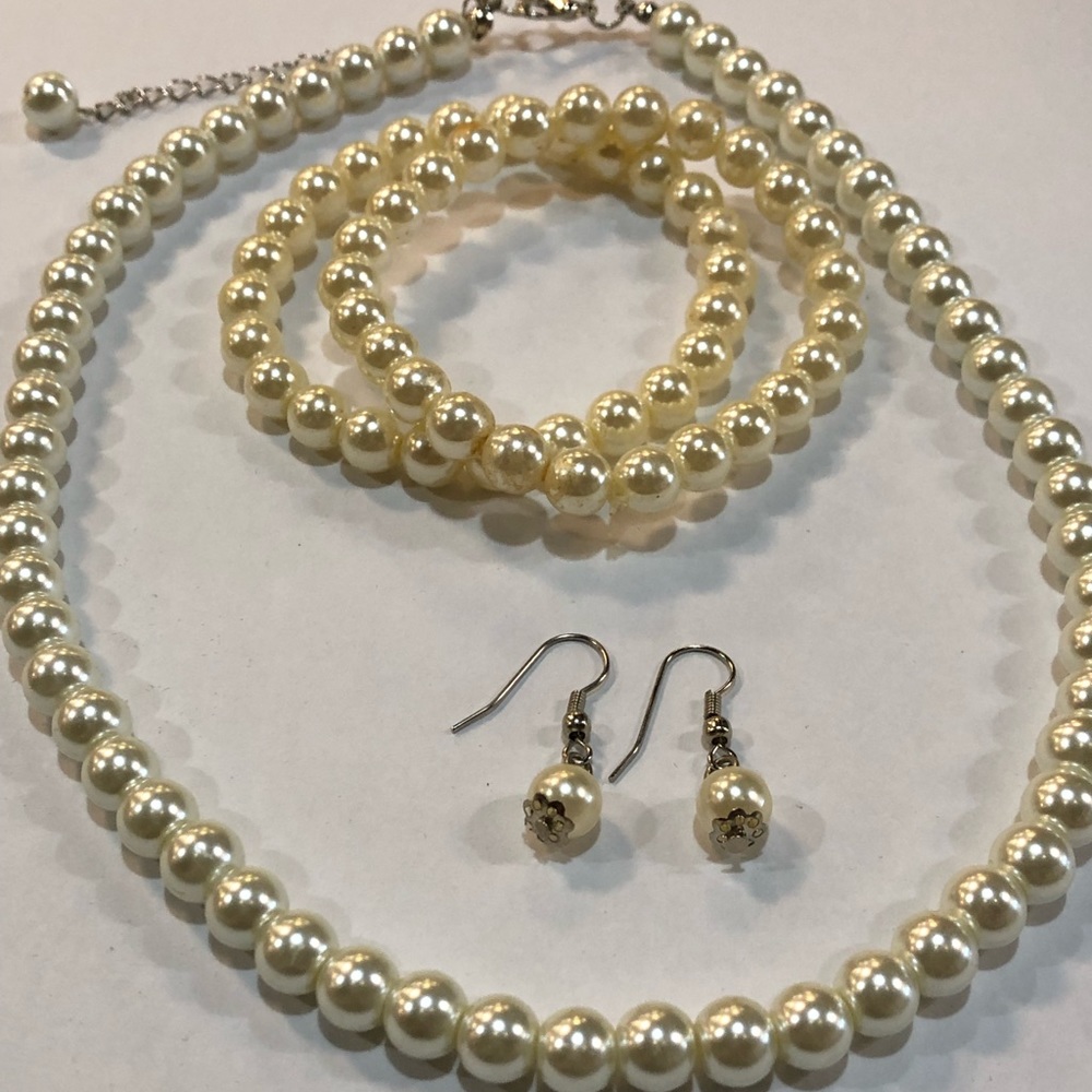 Faux Pearl Necklace, Earrings, and Bracelets Set